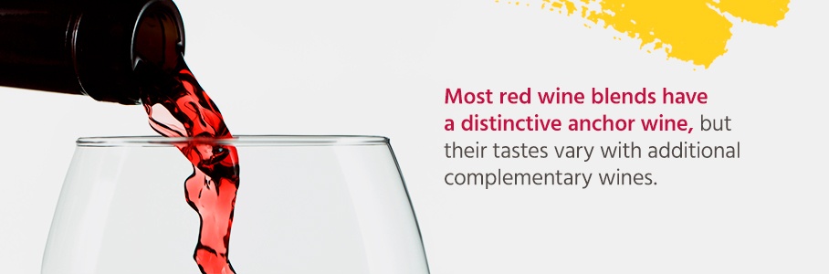 Most red wine blends have a distinctive anchor wine, but their tastes vary with additional complementary wines. 