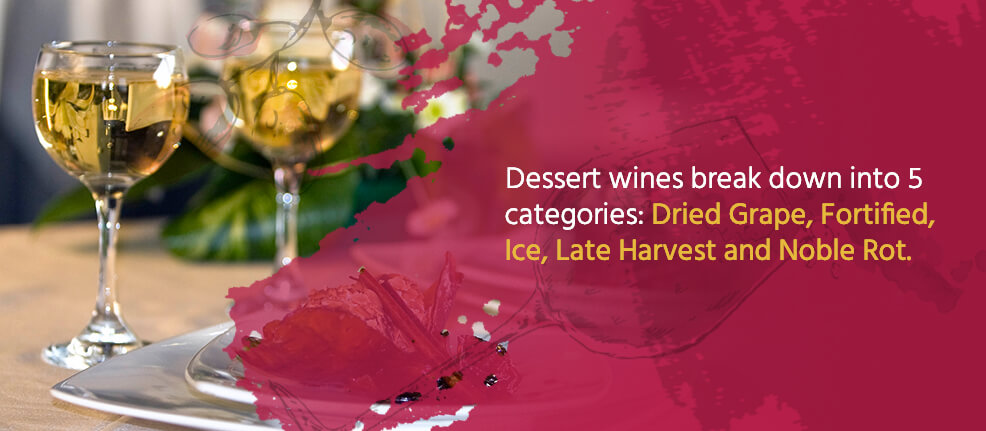 Dessert wines break down into 5 categories: Dried Grape, Fortified, Ice, Late Harvest, and Noble Rot