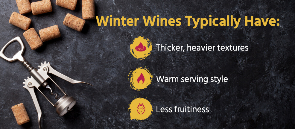 Winter wines typically have: thicker, heavier textures, warm serving style and less fruitiness. 