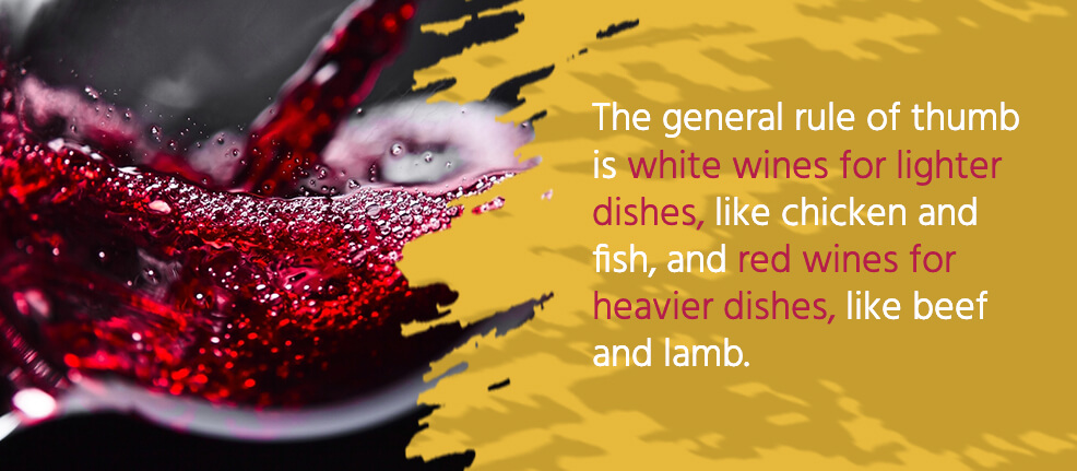 The general rule of thumb is white wines for lighter dishes, like chicken & fish, and red wines for heavier dishes, like beef and lamb