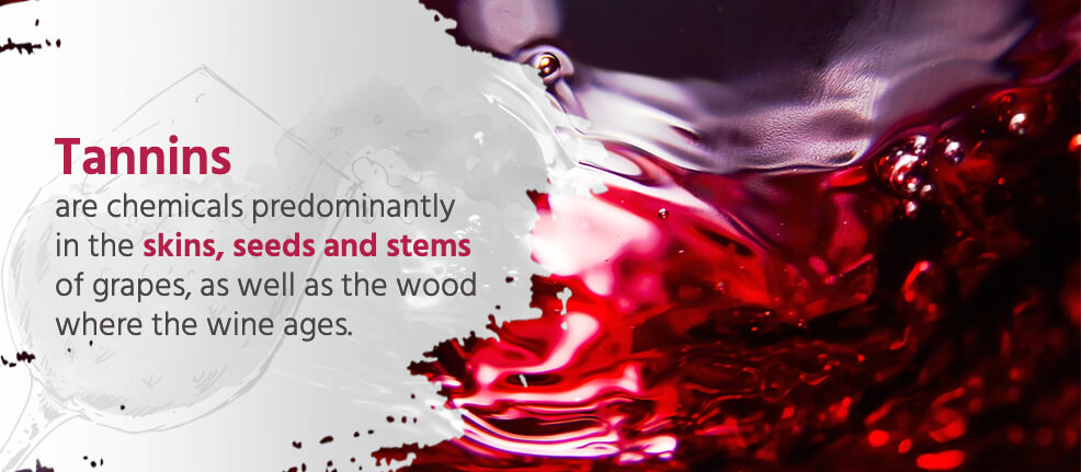 Tannins are chemicals predominantly in the skins, seeds and stems of grapes, as well as the wood where the wine ages. 