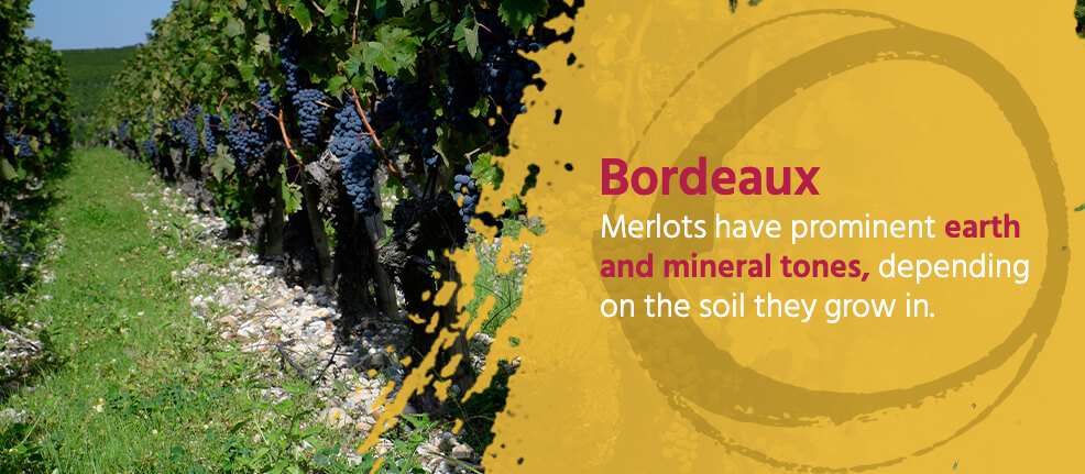 Bordeaux Merlots have prominent earth and mineral tones, depending on the soil they grow in.