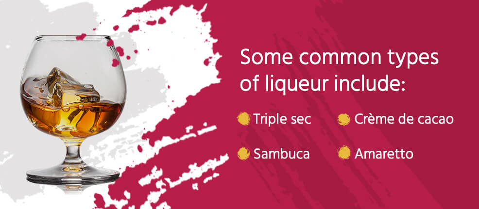 common types of liqueur include: triple sec, sambuca, creme de cacao, amaretto