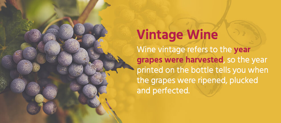 Wine vintage refers to the year grapes were harvested, so the year printed on the front of the bottle tells you when the grapes inside were ripened, plucked and perfected.