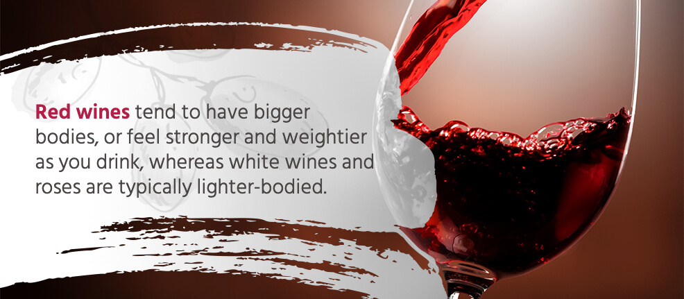 Red wines tend to have bigger bodies, or feel stronger and weightier as you drink, whereas white wines and roses are typically lighter-bodied. 